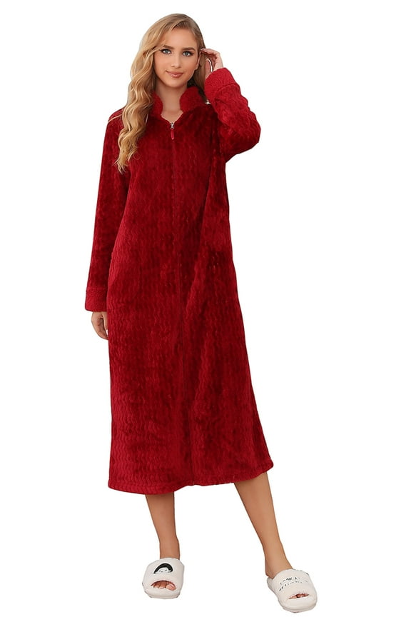 Women Fleece Robe Plush Long Zip Front Warm Soft Zippered Bathrobes S-3XL RHW4002-C-M