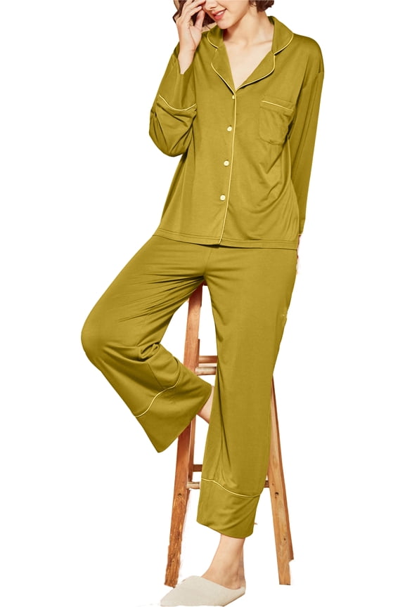 Women Pajamas Set Notch Collar Sleepwear Pjs Short Sleeve Button PJ RHW2911-A-M