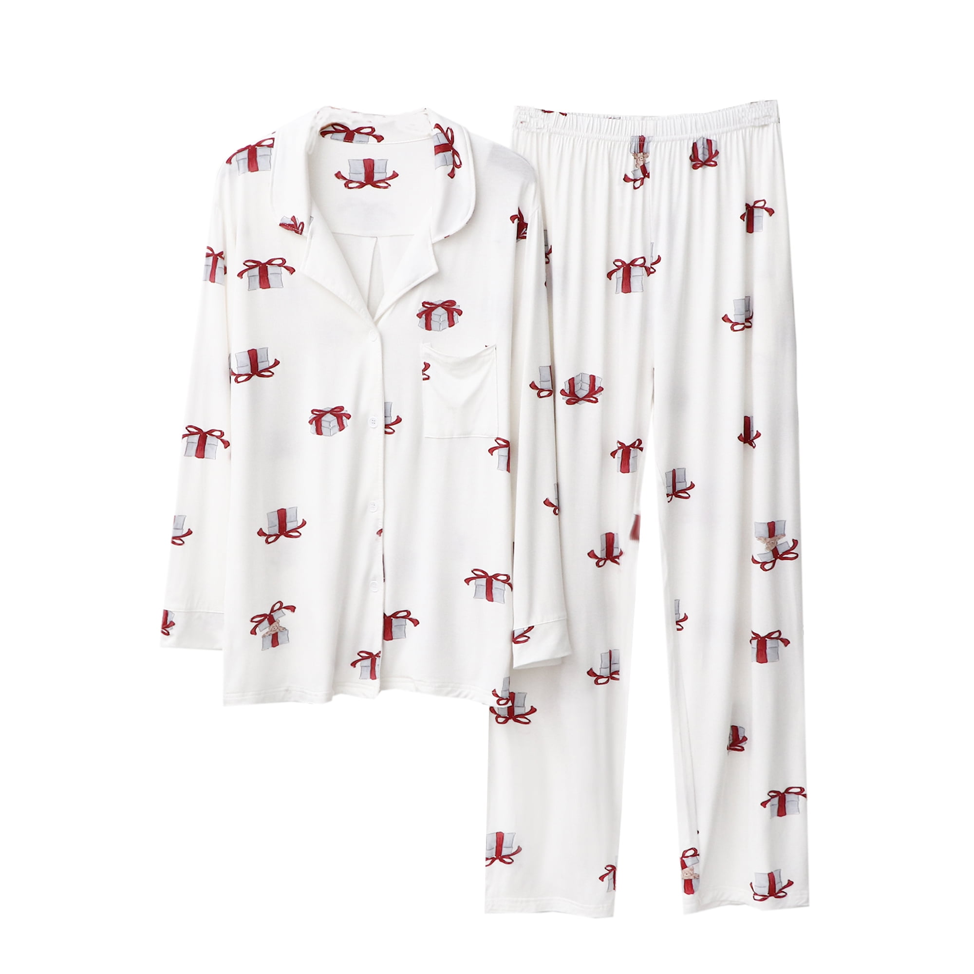 White Gift Print Long Sleeve Pajama Set