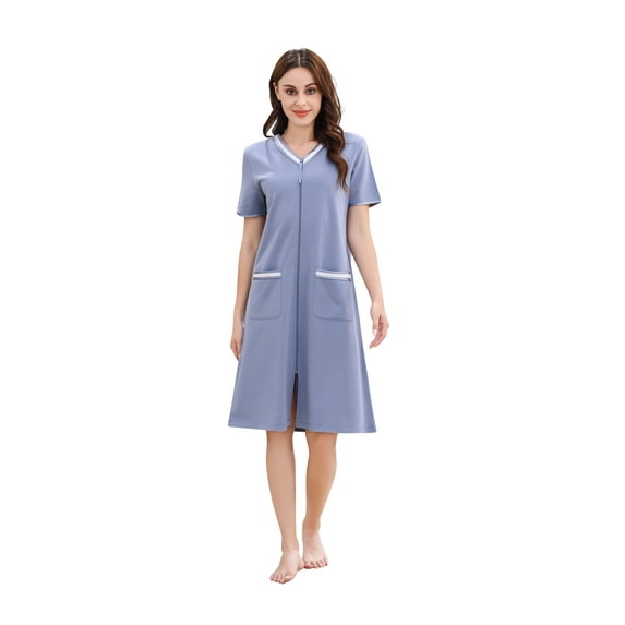 Richie House Women Zipper Robe Loungewear Short Sleeve Sleepwear Housecoat Bathrobe RHW2898-C-S