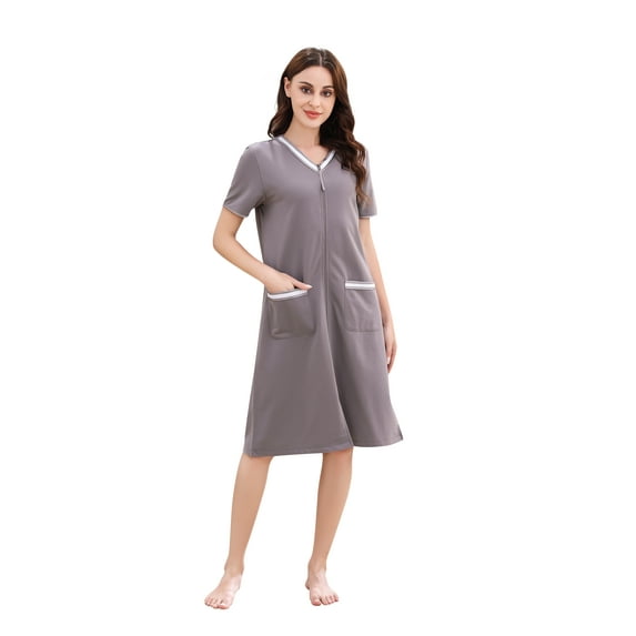 Richie House Women Zipper Robe Loungewear Short Sleeve Sleepwear Housecoat Bathrobe RHW2898-F-L