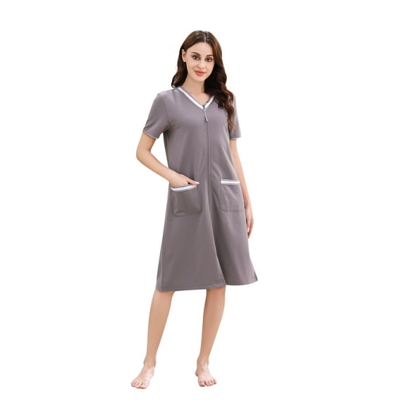 Richie House Women Zipper Robe Loungewear Short Sleeve Sleepwear Housecoat Bathrobe RHW2898-F-L