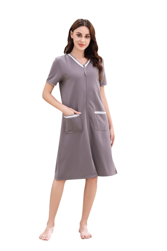 Women Zipper Robe Loungewear Short Sleeve Sleepwear Housecoat Bathrobe RHW2898-F-XXL