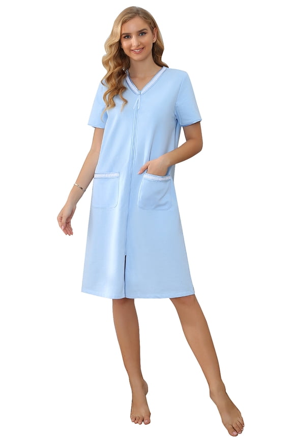 Women Zipper Robe Loungewear Short Sleeve Sleepwear Housecoat Bathrobe RHW2898-G-L