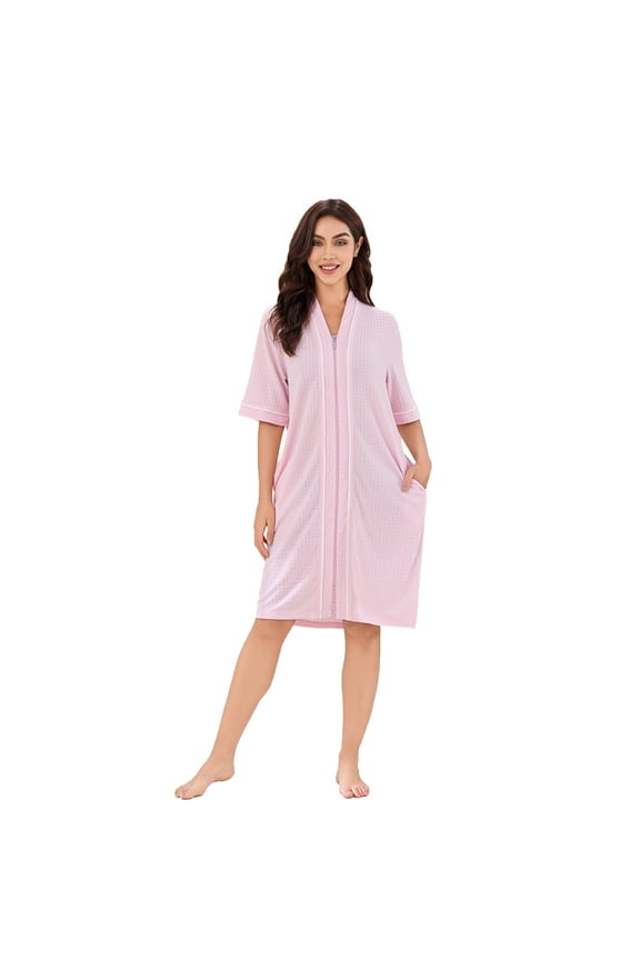 Women's Button Front Duster Zip up Bathrobes Short Nightgown with Pockets, S-3XL RHW4093-A-L