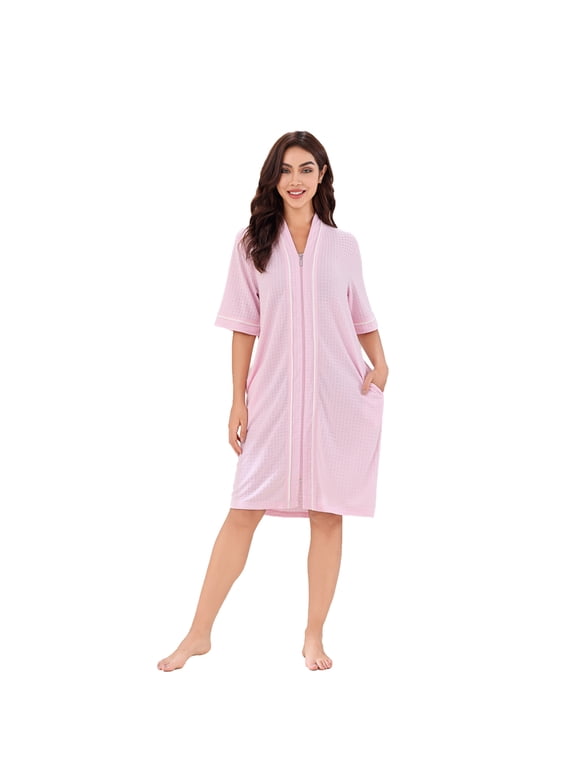 Women's Button Front Duster Zip up Bathrobes Short Nightgown with Pockets, S-3XL RHW4093-A-XL