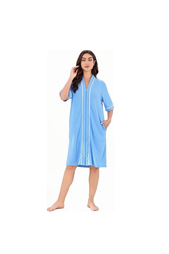 Women's Button Front Duster Zip up Bathrobes Short Nightgown with Pockets, S-3XL RHW4093-B-3XL