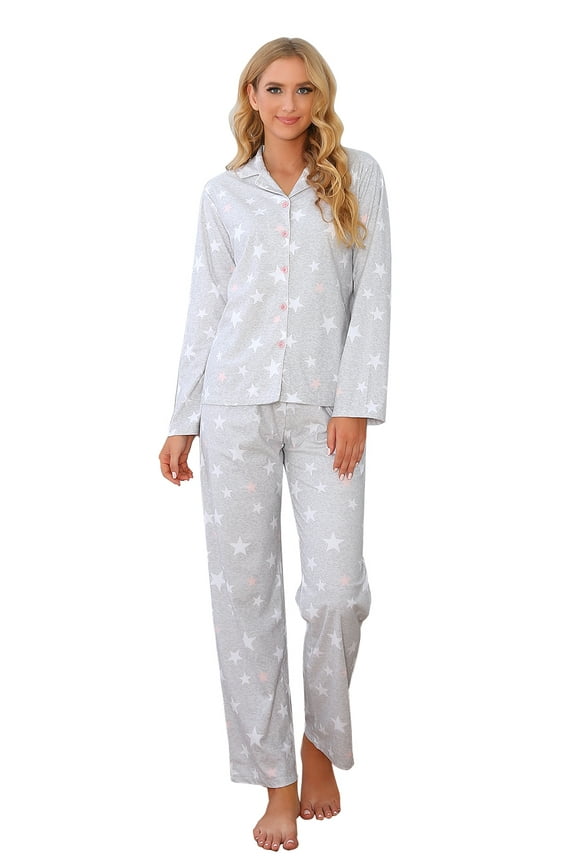Women's Knit Flannel Printed Pajama Set with Pants S-XXXL RHW2843-C-XL