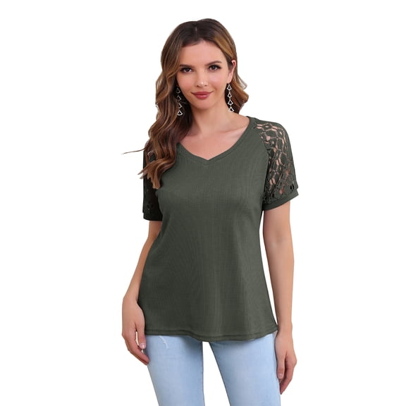 Richie House Women's Lace Short Sleeve V-Neck Shirt Loose Casual Knit Top Tee Blouse RHW4016