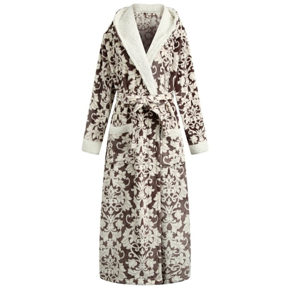 Richie House Women's Long Hooded Robe Plush Soft Warm Fleece Elegant Lounger Collar Style Bathrobe Housecoat Sleepwear for Ladies RHW2882