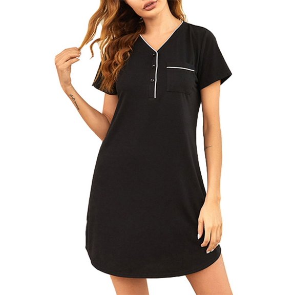 Richie House Women's Nightgown Plain Button Front Short Sleeve PJ Nightdress RHW2903-A-S