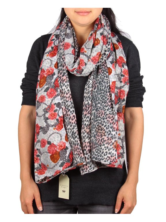Women's Reversible Snow Leopard Print and Roses Scarf Rh0500