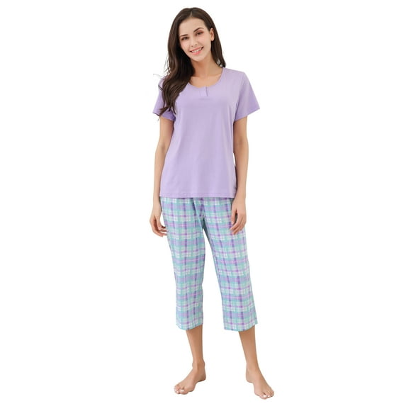 Richie House Women's Short Sleeve Sleepwear Pajama Sets Cotton Two-Piece Loungewear Set with Top & Pants for Ladies RHW2865