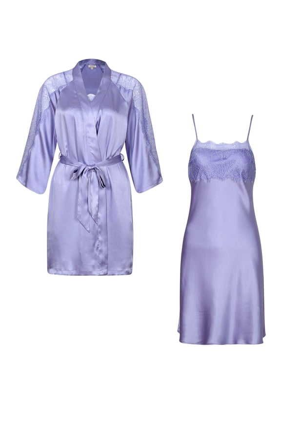 Women's Solid Satin Robe Set with Slip Dress RHW2591