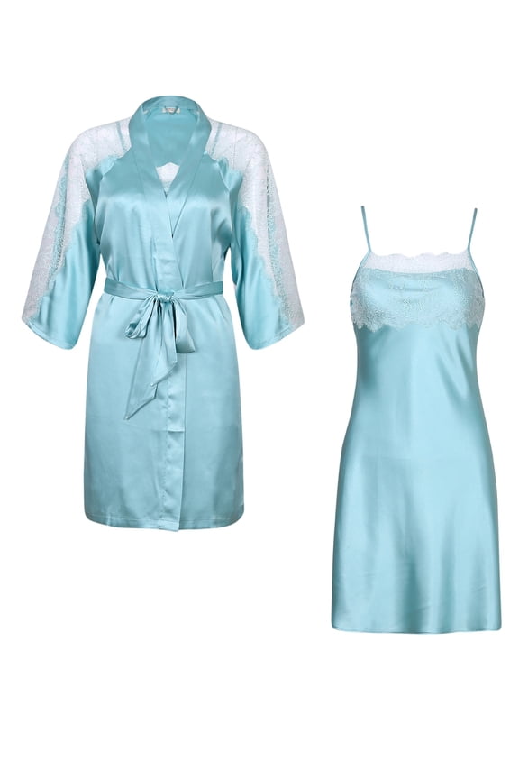 Women's Solid Satin Robe Set with Slip Dress RHW2591