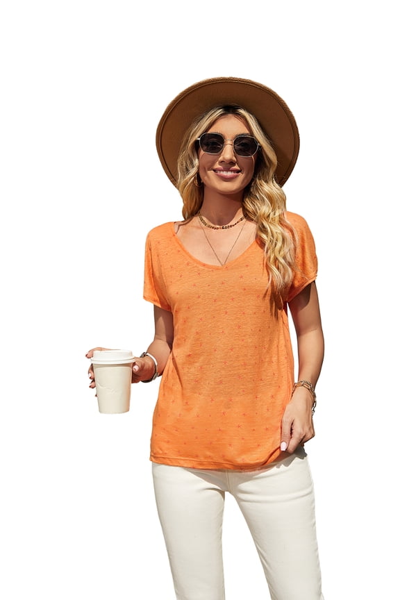 Women's Summer Casual Sexy V Neck Starfish Print Linen Tee Top Tshirt ARH2027-C-XS