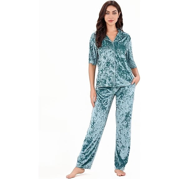 Richie House Women's Velvet Pajama Set Soft Pjs with Pockets Top and Leg Pants Lounge S-3XL RHW4095-A-S