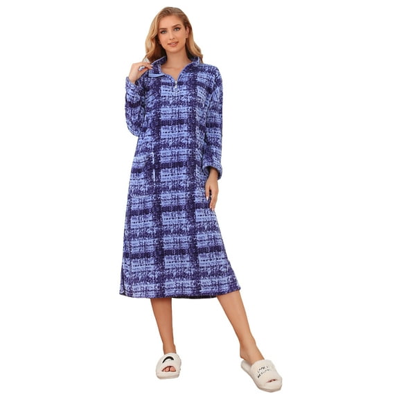 Richie House Women's Zip Front Printed Robe Long Housecoat with Pocket Nightgown S-3XL RHW4004-B-S