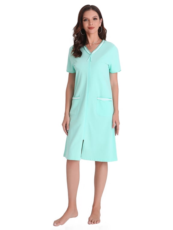 Zipper Front Housecoat Short Sleeve Nightgown Long Housedress Duster RHW2898-A-L