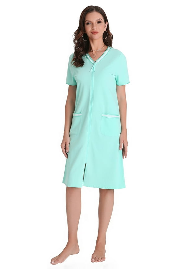 Zipper Front Housecoat Short Sleeve Nightgown Long Housedress Duster RHW2898-A-L