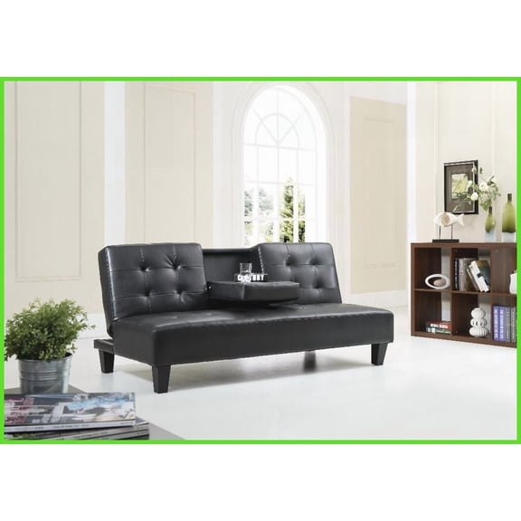 Richie Modern Faux Leather Sofa Bed with Drop-Down Console - Black for Small Spaces