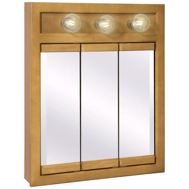 Richland 24 in. W x 30 in. H x 5 in. D Framed 3-Light Tri-View Surface-Mount Bathroom Medicine Cabinet in Nutmeg Oak Richland 24 in. W x 30 in. H x 5 in. D Framed 3-Light Tri-View Surface-Mount Bathroom Medicine Cabinet in Nutmeg Oak