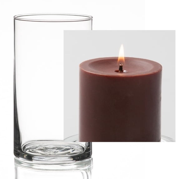 Richland Pillar Candle 3" Brown & Eastland Cylinder Holder 6" Set of 12