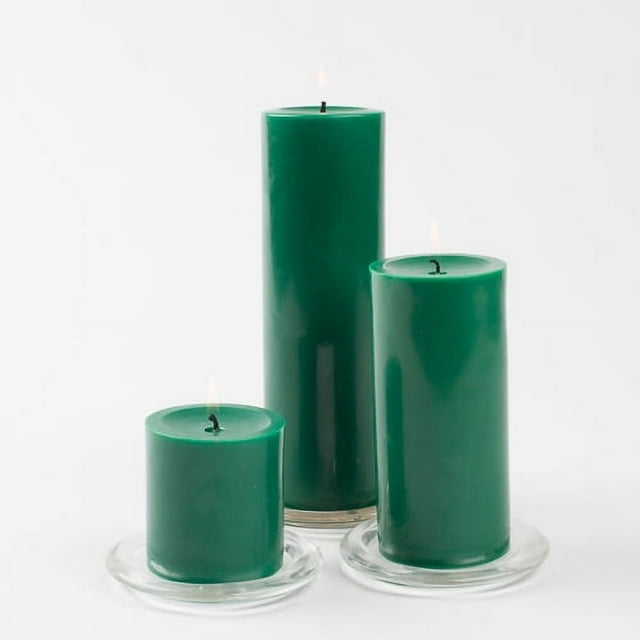 "Richland Large Dark Green Pillar Candles Set of 3, Sizes 3""x3"", 3""x6"", 3""x9"