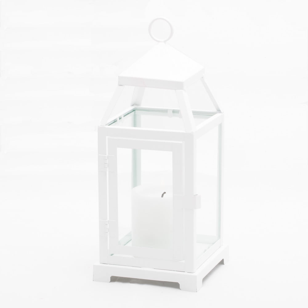 Richland White Contemporary Metal Lantern with Clear Glasses - Small