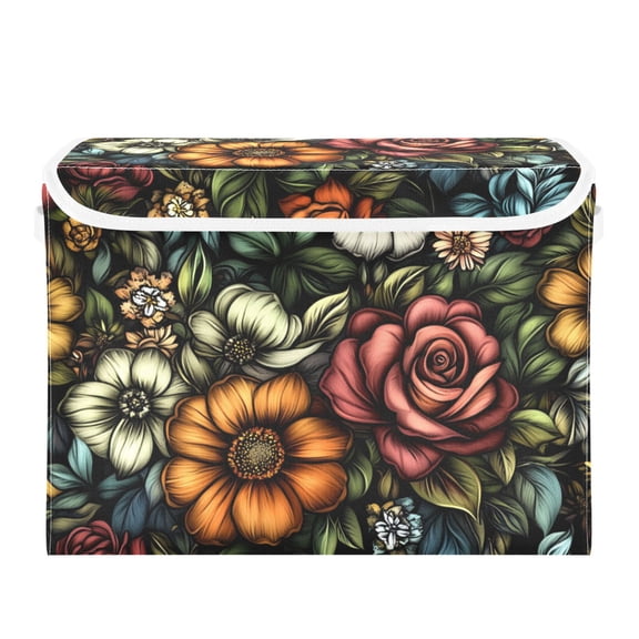 Richly Colored Flower Cluster Large Storage Bins with Linen Collapsible Lid Storage Box 16.7 x 12.6 x 11.8in