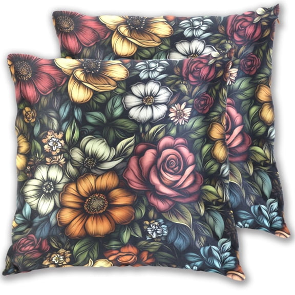 Richly Colored Flower Cluster Throw Pillow Covers 16x16 Inch 2 Packs Decorative Square for Living Room Couch Bed Sofa
