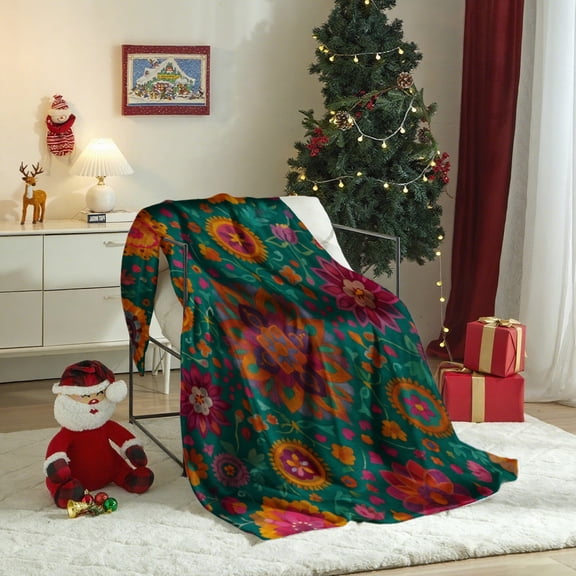 Richly colored bohemian-style throw with bold floral mandala prints Fannel blanket, ideal for adding vivid decor & warmth to living spaces.add Same printed canvas bag