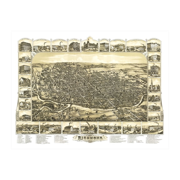 Richmond Art, 1884 Vintage Map of Richmond Indiana, IN History Wall Decor Gift, Old Richmond Map - 24" x 18" Unframed Print