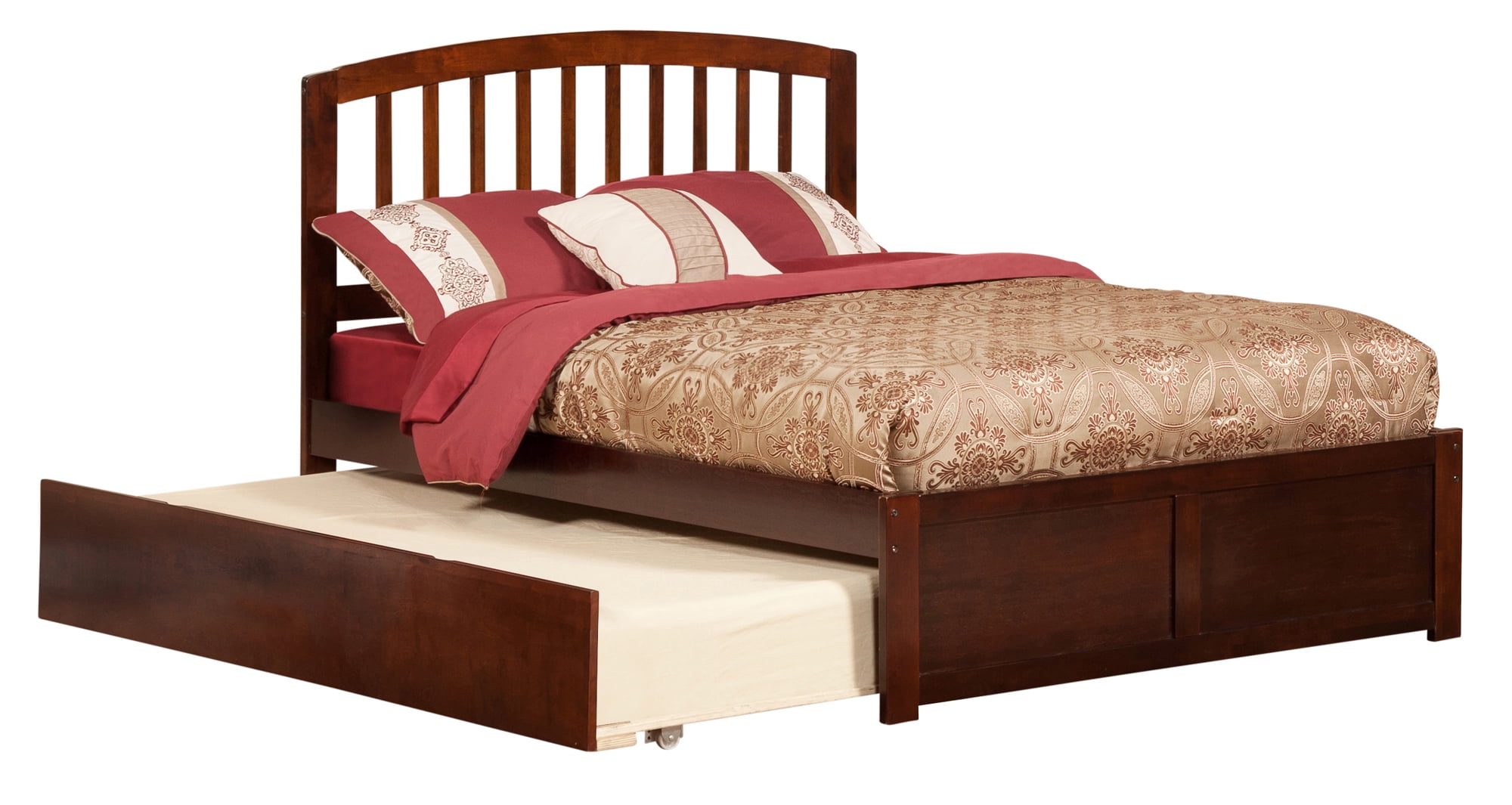 Walnut Full Size Platform Bed with Trundle and Slat Headboard