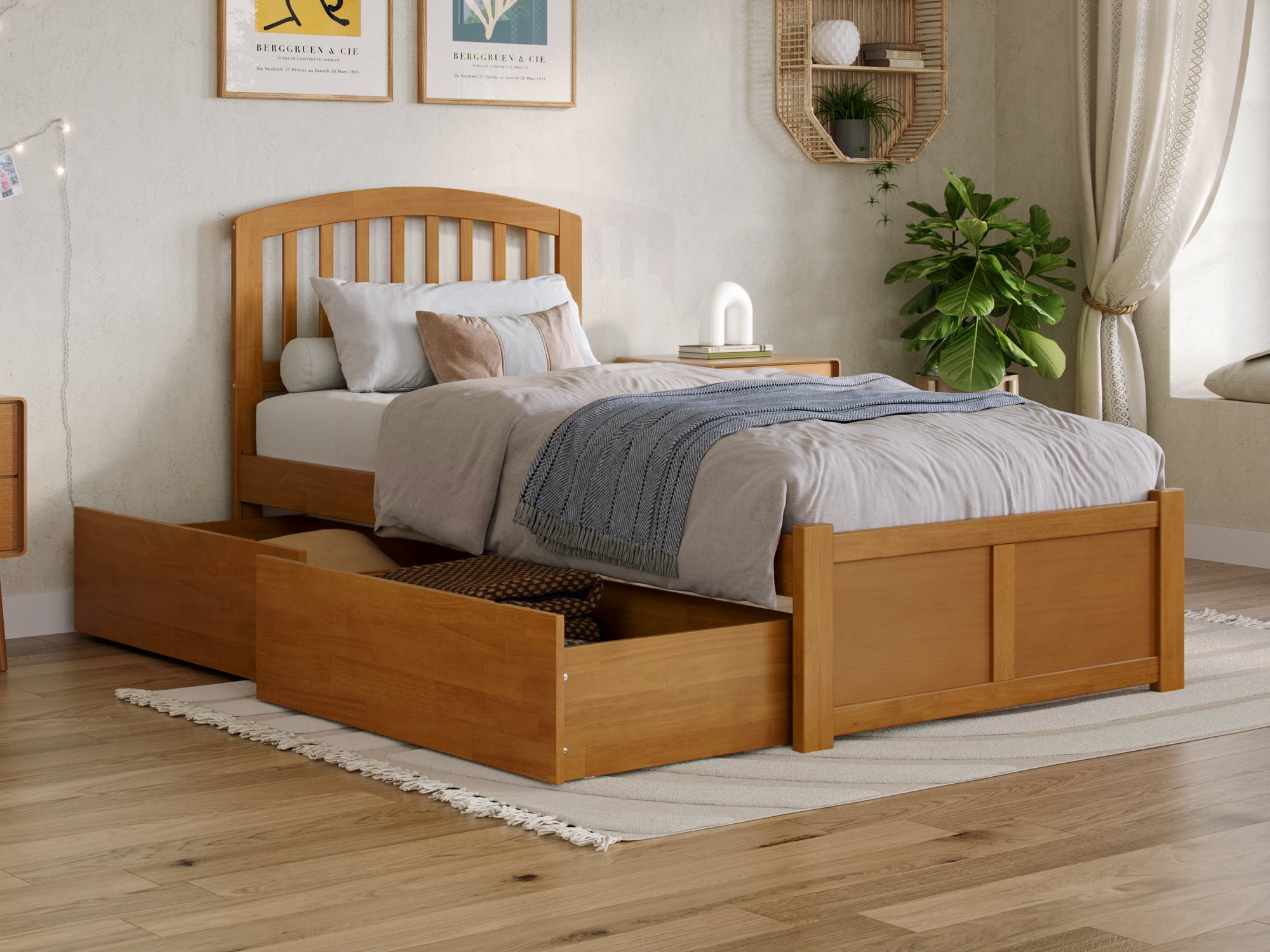 Light Toffee Twin XL Wood Platform Bed with Storage Drawers