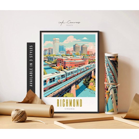 Richmond Va Poster Skyline Richmond Virginia Art Poster Retro Travel Poster Richmond Virginia Poster Travel Art Art Home Decor, 16x24 UNFRAMED