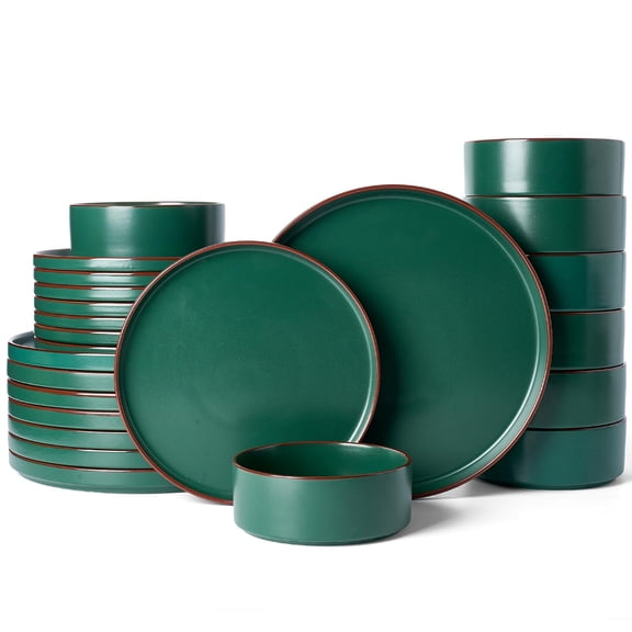 Richmount Halo Plates and Bowls Set, 24 Pieces Dinner Set for 8, Stoneware Dinnerware Sets with Dinner Plates/Salad Plate/Cereal Bowls, Dishwasher & Microwave Safe, Dark Green