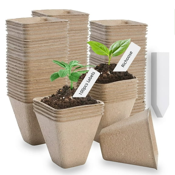 Richoose Square 3.14 inch 100 Pack Plant Germination Trays with Biodegradable Seed Nursery Pot, Seedling Pots Include 100 Labels
