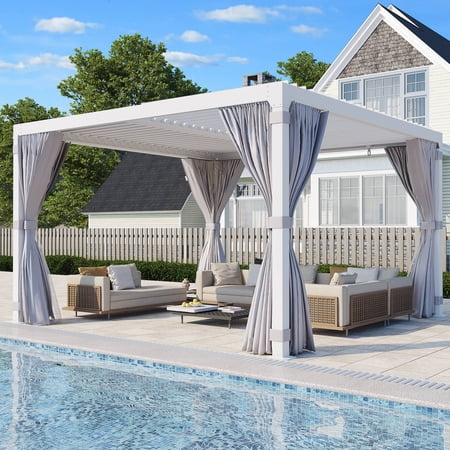 Richryce 10'×10' Outdoor Louvered Pergola with Adjustable Aluminum Rainproof Roof, White