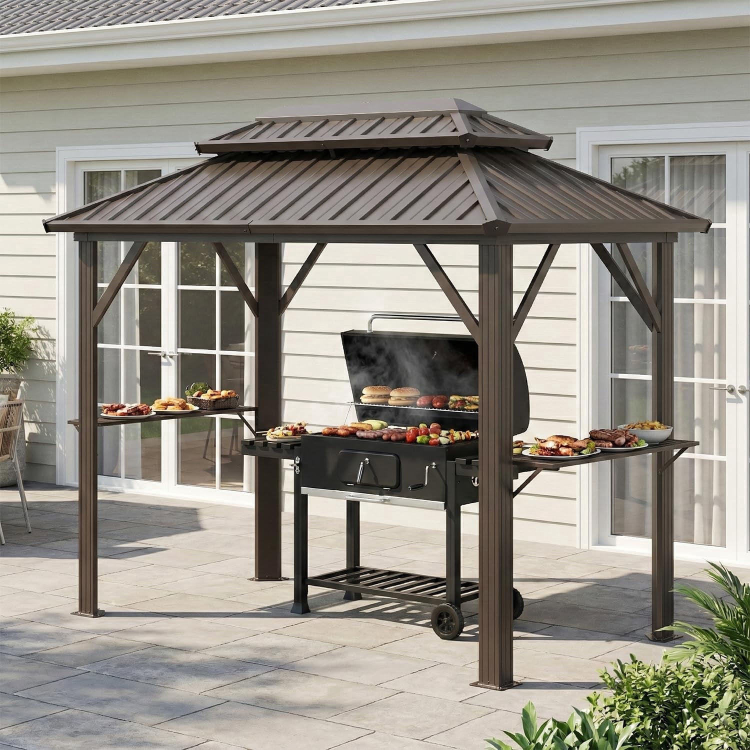 Richryce 10' x 6' Grill Gazebo with Double Galvanized Steel Roof, Outdoor Metal BBQ Gazebo Hardtop Permanent Grill Canopy with Side Shelves and Ceiling Hooks for Patio Garden (Brown)
