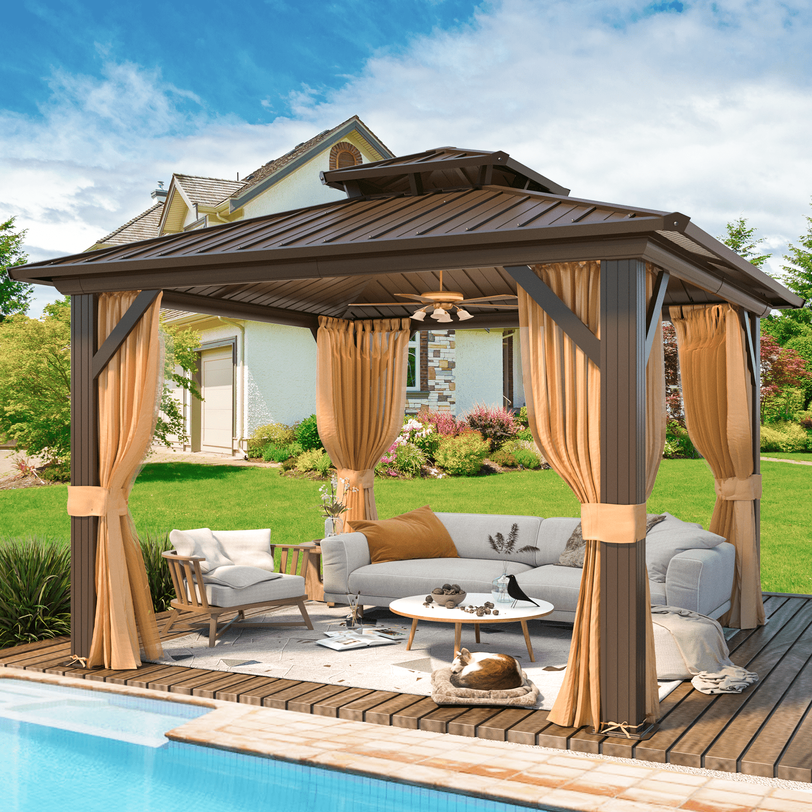 10' x 10' Brown Aluminum and Steel Hardtop Gazebo