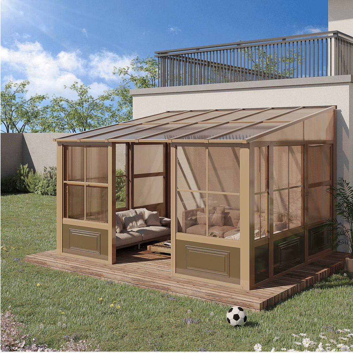 Richryce 10ft x 12ft Wall Mounted Gazebo, AllSeason Aluminum Patio Gazebo with Side Door