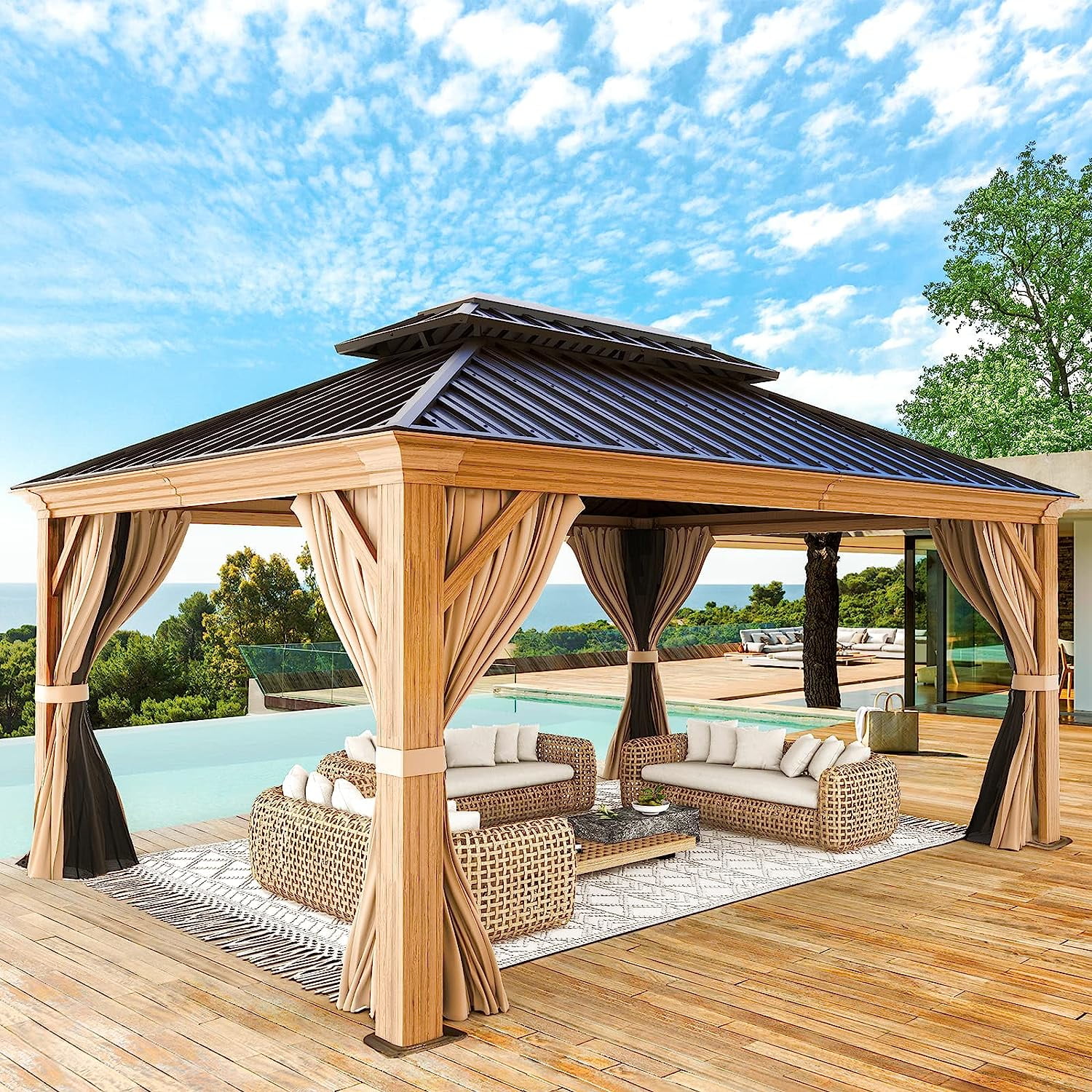 Richryce 12' X 14' Hardtop Gazebo, Wooden Finish Coated Aluminum Frame
