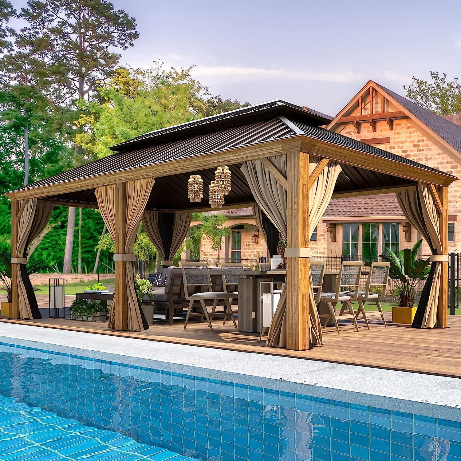 Richryce 12' x 20' Wood Finish Aluminum Hardtop Gazebo with Curtains