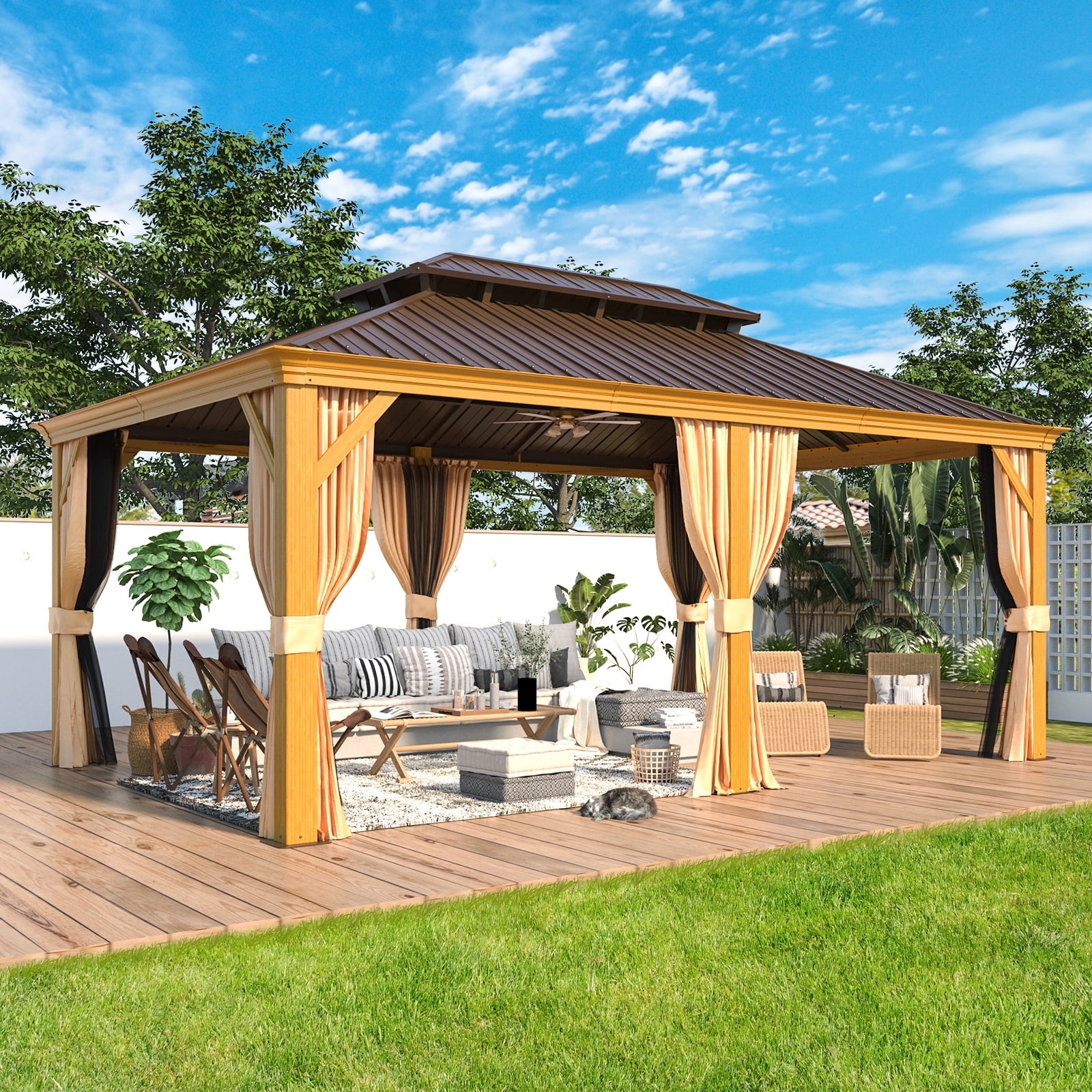 EROMMY 12' x 18' Wooden Finish Aluminum Gazebo with Steel Roof