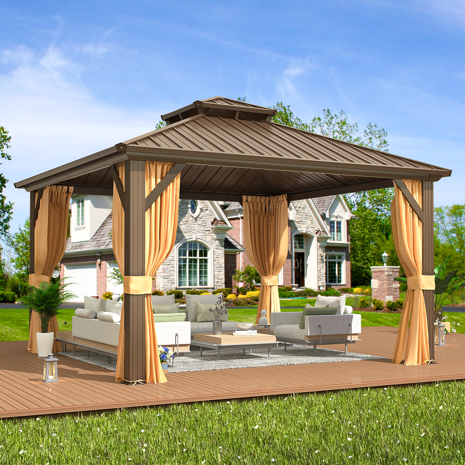 EROMMY 12' x 12' Beige Aluminum and Steel Hardtop Gazebo