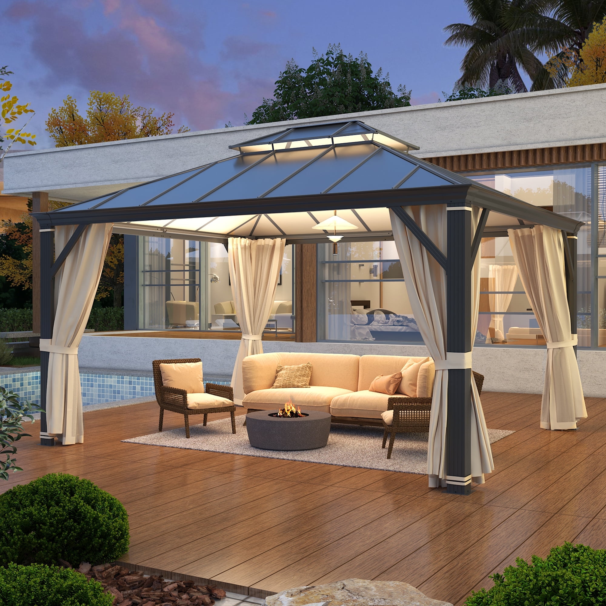 12' x 14' Aluminum Frame Hardtop Gazebo with Curtains and Netting