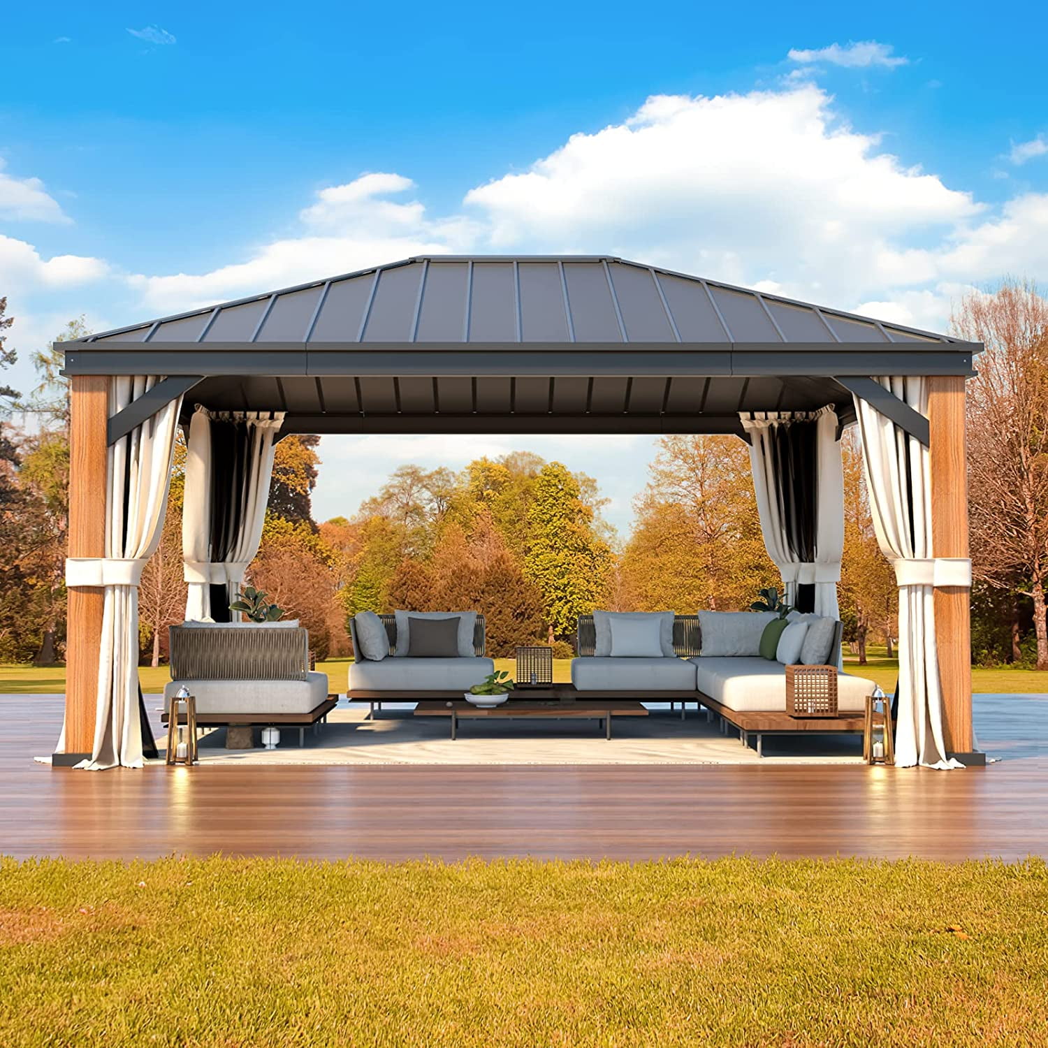 Richryce 12'x16' UltraThick Columns and Beams Hardtop Gazebo, Faux Wood Grain Aluminum Frame w