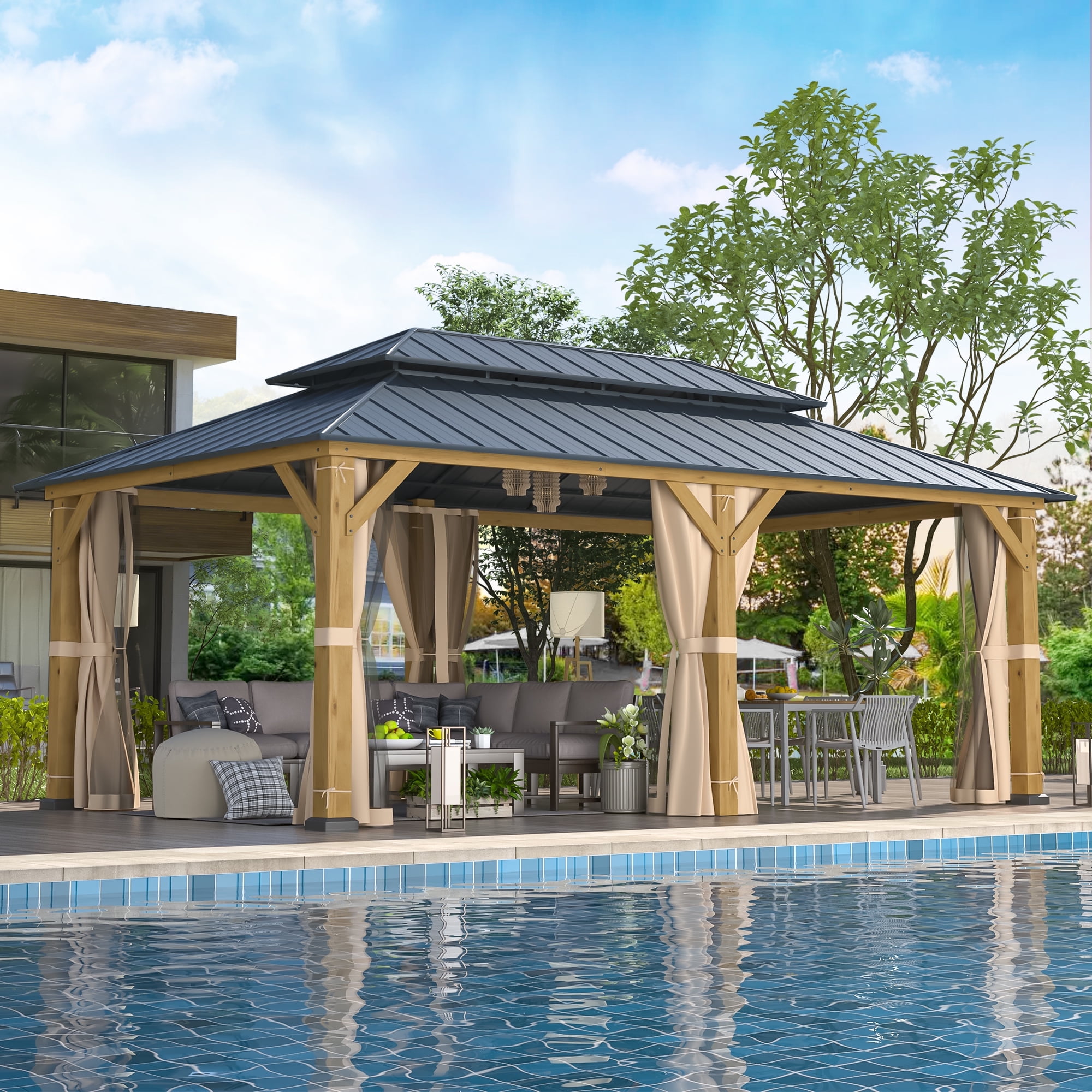 EROMMY 12'x20' Gray and Beige Metal Frame Double Roof Gazebo