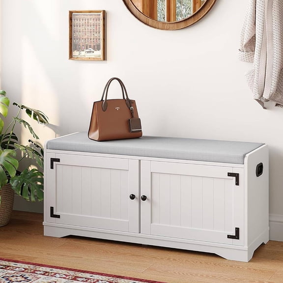 Richryce 2-Tier Shoe Bench, 39.4” Wide with Padded Seat, 2 Doors & Adjustable Shelf for Entryway, Hallway, Bedroom or Closet, White